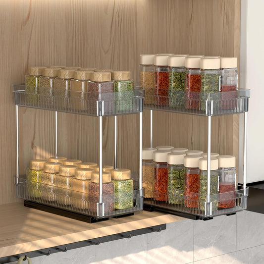 2 Pack Pull Out Spice Rack Organizer for Cabinet, 2 Tier Slide Out Spice Racks Organizer, Spice Cabinet Organizers, Cabinet Size Need:12'' High x 11'' Deep x 5'' Wide, Clear Acrylic