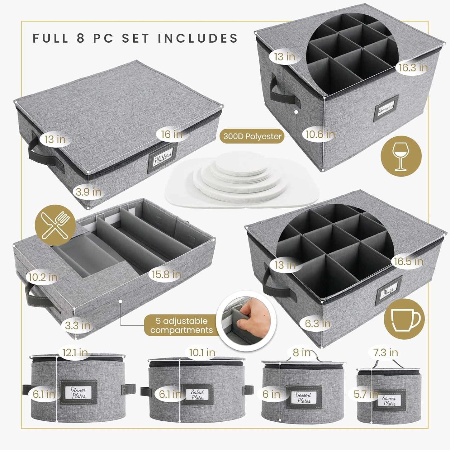 HOMELUX THEORY Plate Storage Box, 2pc 12"x8" Light Gray Hard Shell China Storage Containers, Kitchen Storage Bins With Lids, Heavy Duty Moving Box with Handles for Dishes, Dinner Plate & Dinnerware