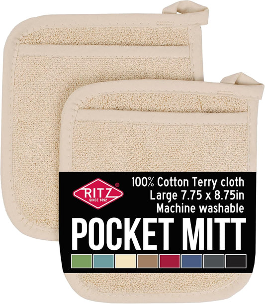 RITZ Terry Pocket Mitt & Hot Pad: Unparalleled Heat Resistant, Durable 100% Cotton – Ergonomically Designed for Optimal Grip – Easy-Care Machine Washable – 2-Pack, Latte