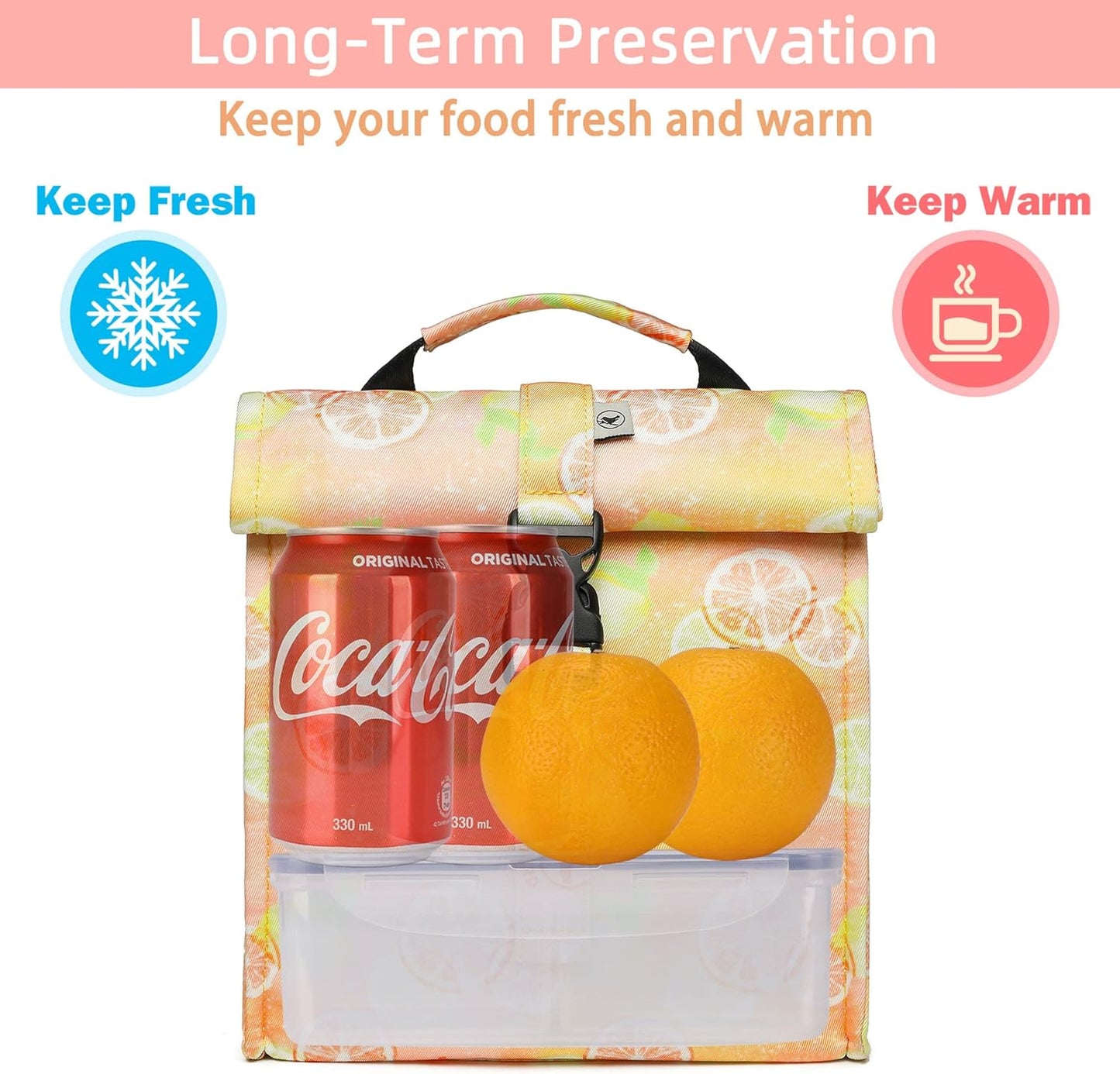 SUNNY BIRD Insulated Lunch Bag Rolltop Lunch Box Tote Bag for Women, Men, Adults and Teens (Grapefruit Pink)