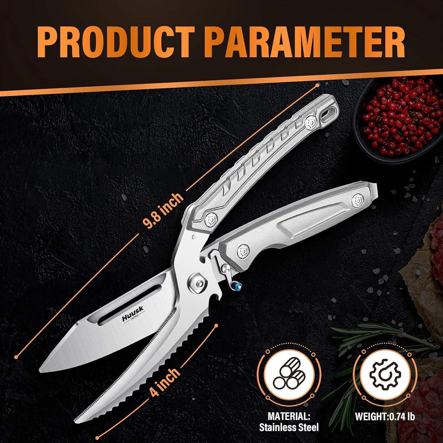 Huusk Heavy Duty Poultry Scissors - Kitchen Scissors with Serrated Edge, Detachable Sharp Shears for Cutting Meat, Chicken Bone and Turkey, All Purpose for Thanksgiving (Silver)