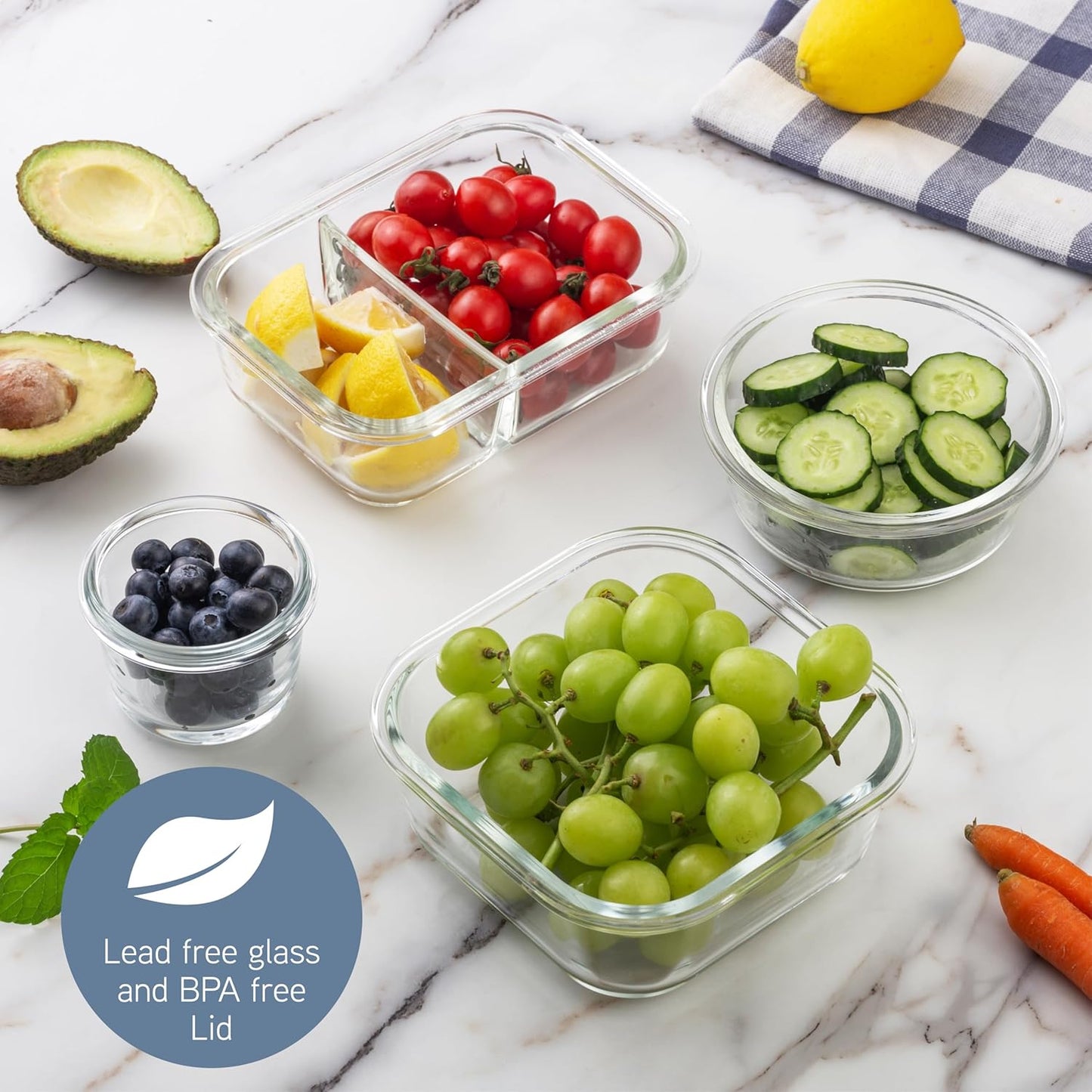 COOK WITH COLOR Premium 32-Pc. Borosilicate Glass Food Container Set with Dividers - 4 Rectangles, 8 Rounds, 4 Squares - Leakproof Lids - Meal Prep, Storage, Ombre Blue