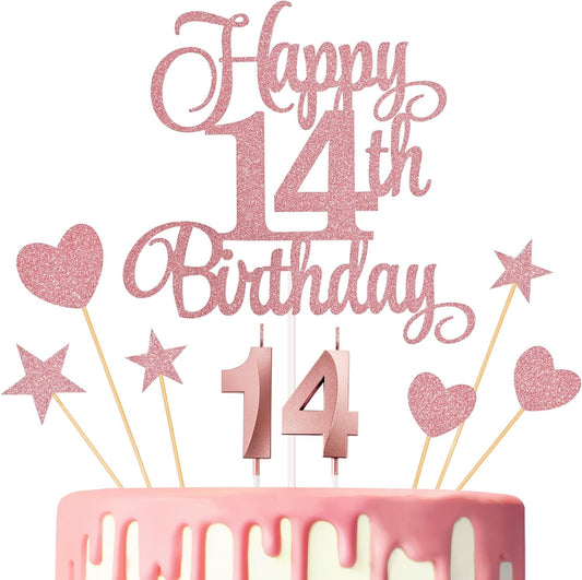 14th Birthday Cake Decorations, 14th Birthday Candles Cake Numeral Candles and Glitter Happy 14th Birthday Cake Toppers Set for Birthday Party Supplies (Rose Gold)
