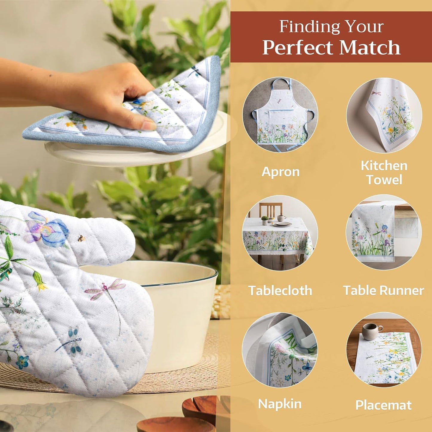 Maison d' Hermine 100% Cotton Oven Mitt & Pot Holder Set (7.5"x13" & 8"x8") Heat Resistant BBQ Cooking Gloves with Loop, Baking, Grilling, Kitchen, Handling Hot Pans Spring/Summer (Fleurs De Mai)