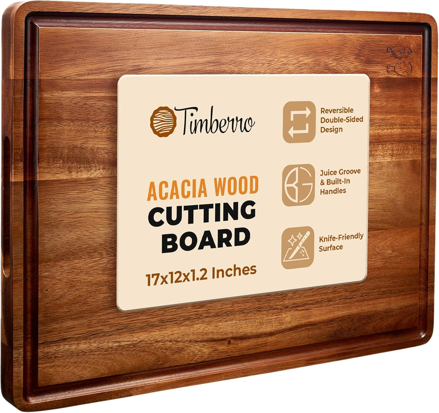 Acacia Wood Cutting Board (17x12x1.2 In.) - Big Wooden Non Toxic Hardwood Organic Meat Steak Chef Butcher Block Boards for Kitchen with Juice Groove
