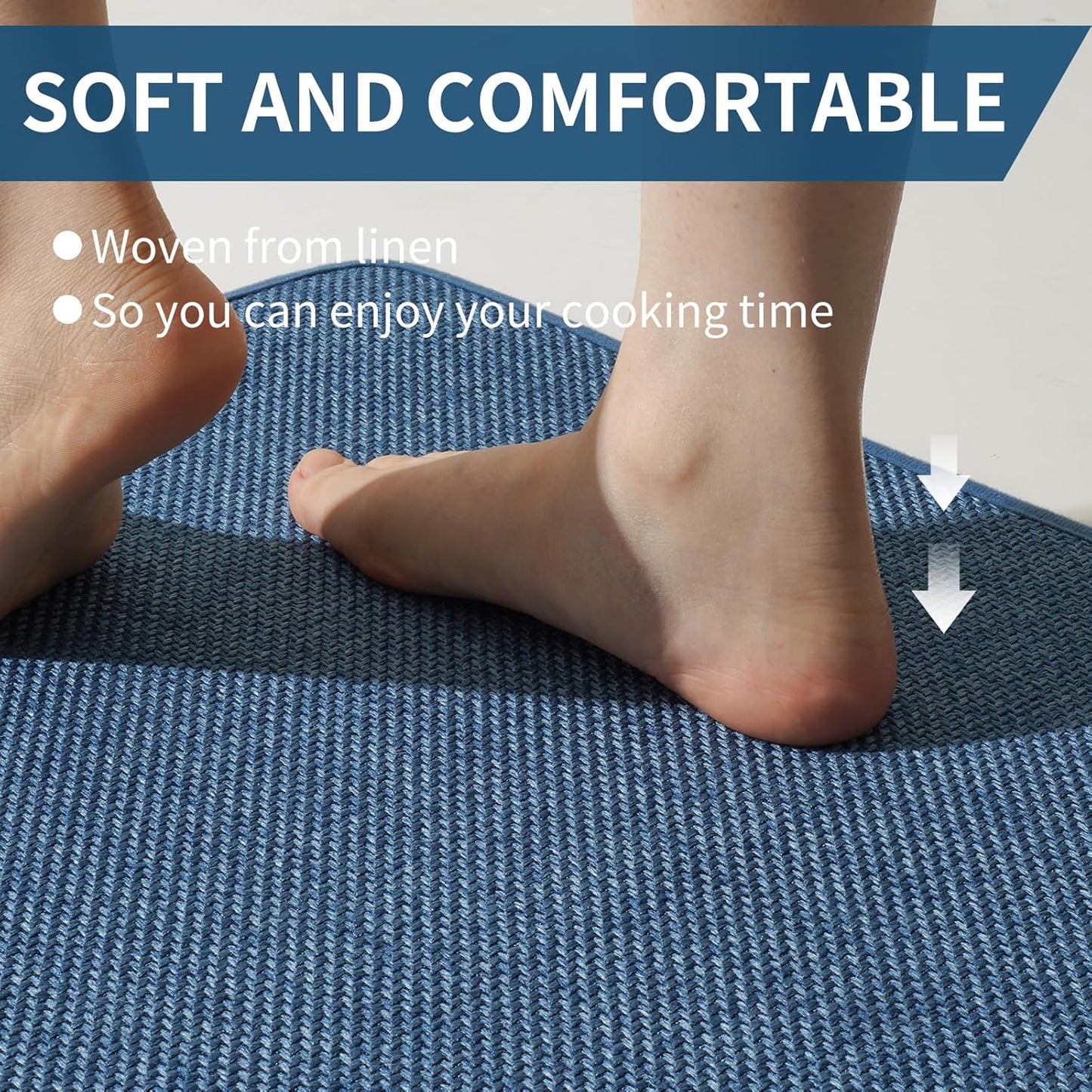 Kitchen Mats for Floor, Super Absorbent Kitchen Rugs Non Slip Washable, Soft Imitation Linen Braided Runner Rug, Standing Mat Kitchen Sink Mat, Easy to Clean, Blue 17x71