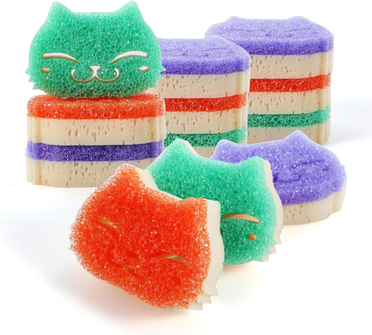 12 Pcs Scrubber Sponge Cat Smiley Shape Cleaning Sponge Double Sided Dish Sponge Multi-Purpose Sponges for Cleaning Dishes, Furniture, Kitchen, Bathroom
