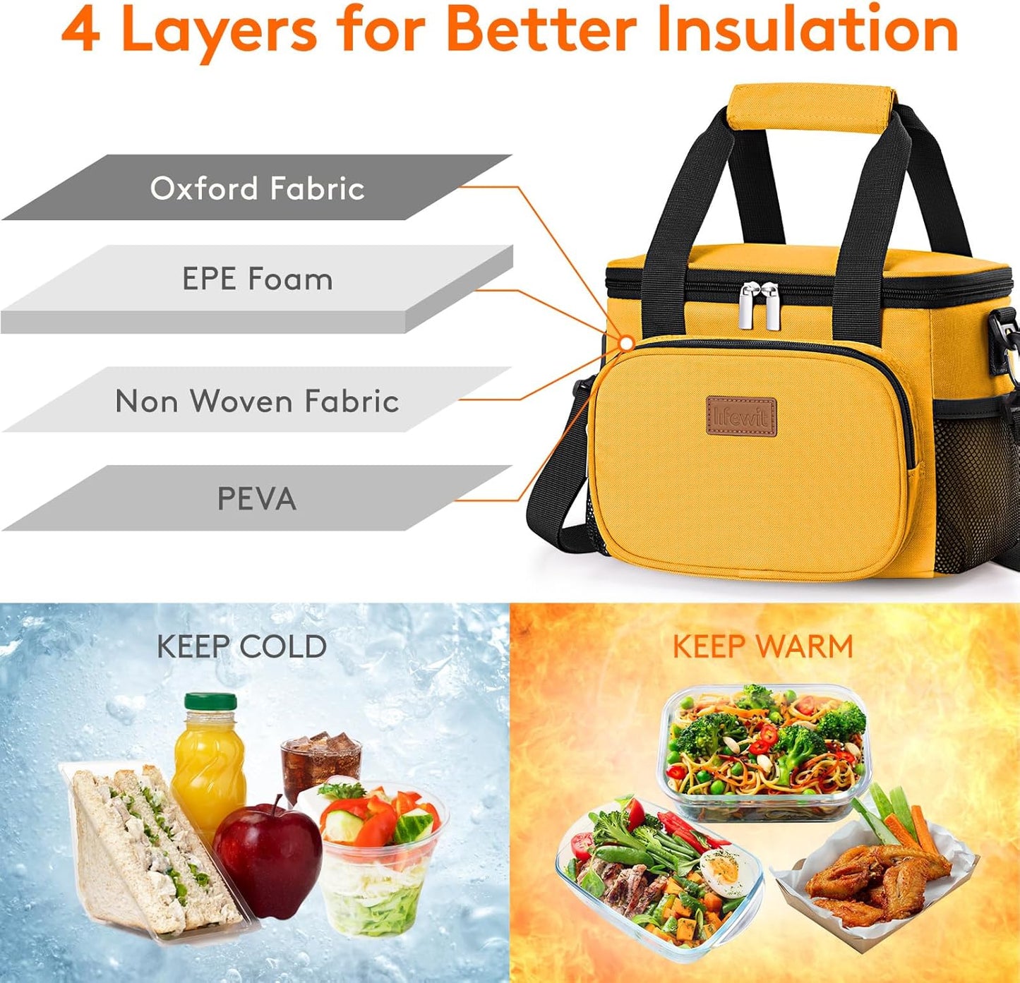 Lifewit Medium Lunch Bag Insulated Lunch Box Soft Cooler Cooling Tote for Adult Men Women, Orange 12-Can (9L)
