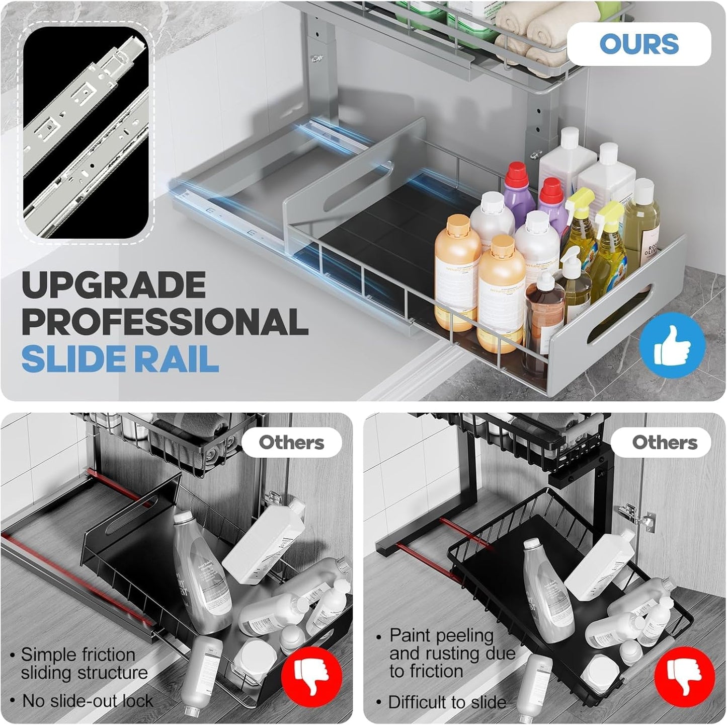 2 Pack Under Sink Organizer Upgrade to Professional Rails,2-Tier Dual Pull Out Cabinet Storage,Height Adjustable Slide Out Drawers for Bathroom Kitchen,Under Sink Shelf-Gun Gray