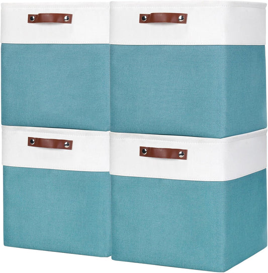 13x13 Cube Storage Bins, Collapsible Fabric Storage Box, 4 Pack Closet Baskets with Handles for Organizing, Shelf, Toys, Clothes, Home, Office, Nursery (Teal&White)