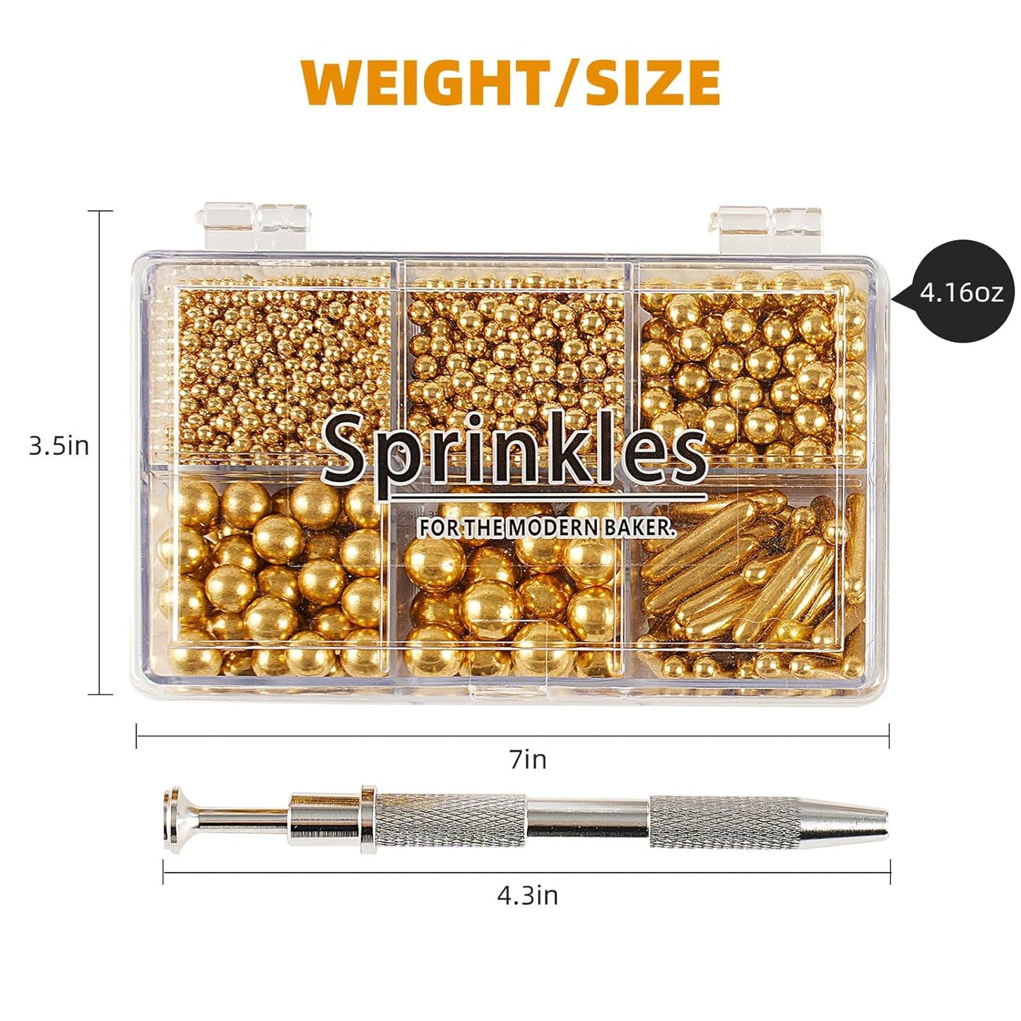 Kasvan Gold Mix Sugar Sprinkles - Edible Candy Pearls with 4-Claw Sprinkle Pen,118g/4.16 Oz, Gift Box Pack, Baking Cake Decorations, Ice Cream Toppings and Cookie Decorating, Wedding Party Chirstmas Supplies