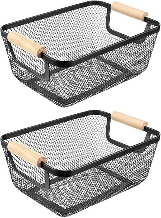 2 Pack Metal Mesh Steel Basket, Small Wire Storage Organizer Basket Multi-function Hanging Kitchen Basket Fruit Baskets with Wood Handle for Kitchen Picnic Cabinet Home Decor, Rectangle-Black