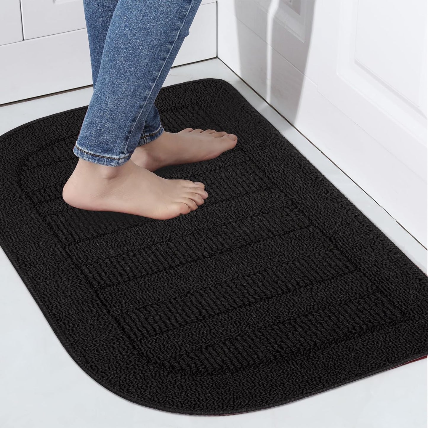 BEQHAUSE 30x18 Inch Kitchen Rug Mat Durable Kitchen Rugs Non-Slip Washable Absorbent Kitchen Mats for Floor Dirt-Resistant Semicircular Kitchen Mat (Black, 2PCS)