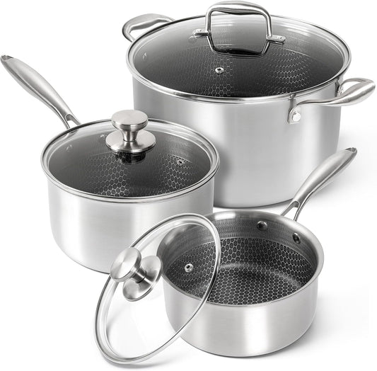 MICHELANGELO 6 Pcs Tri-ply Stainless Steel Pot Set, 2QT & 3QT & 8QT Pot with Lids, Nonstick HoneyComb Interior Cooking Pot Set, Compatible with All Cooktops, Oven & Dishwasher Safe