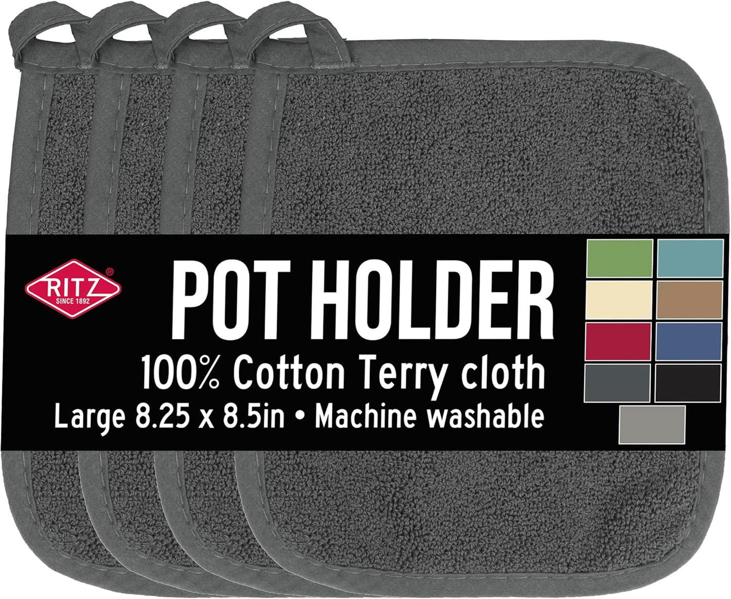RITZ Terry Potholder & Hot Pad: Unparalleled Heat Resistant, Durable 100% Cotton – Ergonomically Designed for Optimal Grip – Easy-Care Machine Washable – 4-Pack, Graphite