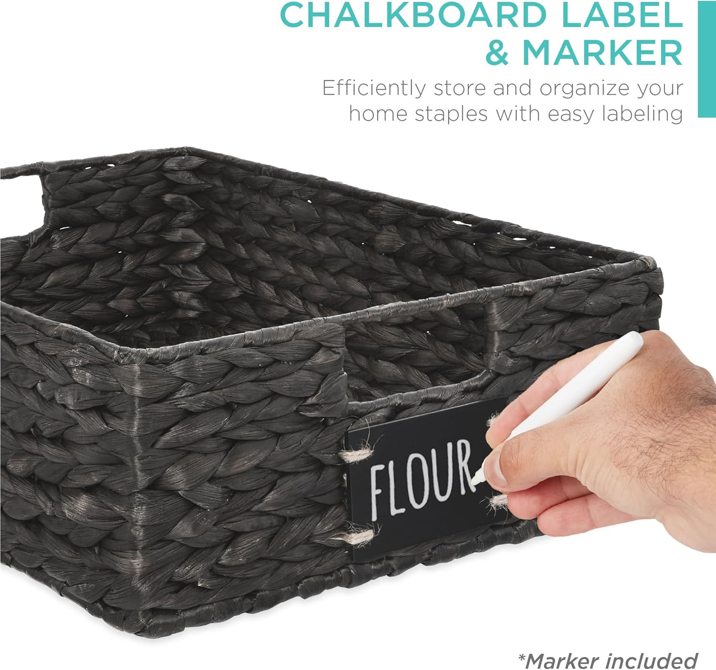 Best Choice Products Set of 4 16x12in Large Water Hyacinth Pantry Baskets, Woven Organizers w/Chalkboard Label, Chalk Marker - Black