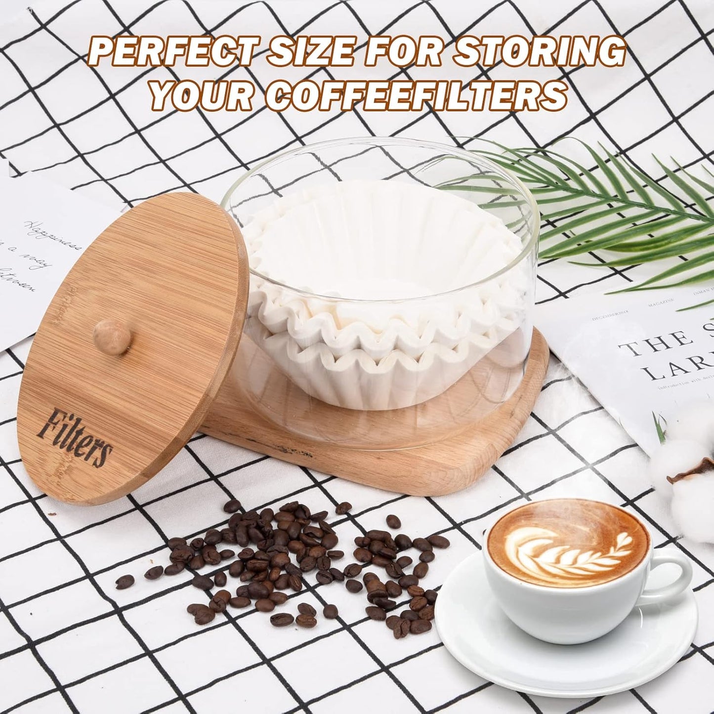 Coffee Filter Holder with Lid,Glass Coffee Filter Storage Container,Coffee Filter Dispenser,Rustic Coffee Filter Organizer Basket,Coffee Filter Container for Counter, Coffee Bar Accessories Decor