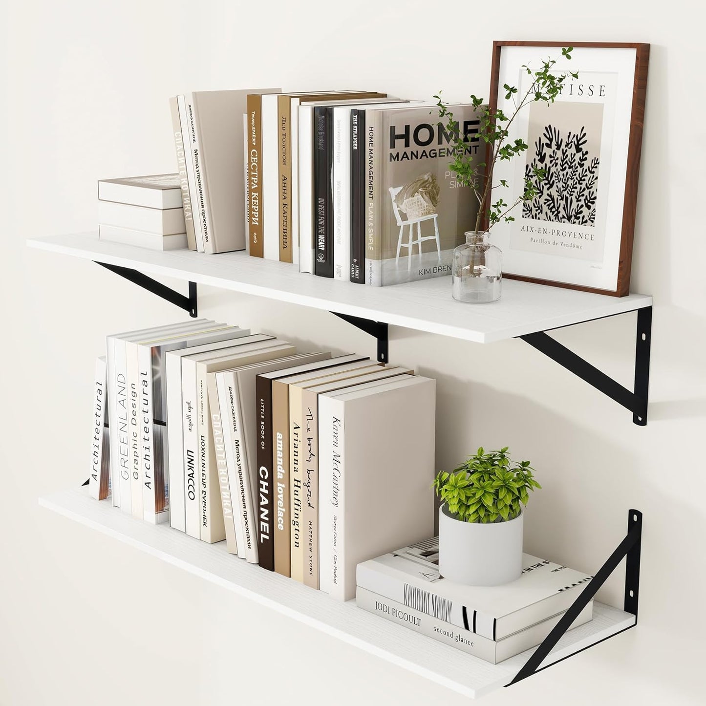 Heimlove White Deep Floating Shelves for Wall, 36W x 12D Wood Wall Shelves Set of 2, Wide Floating Bookshelf for Living Room, Kitchen, Office, Bedroom and Decor Storage, with Black Bracket - White
