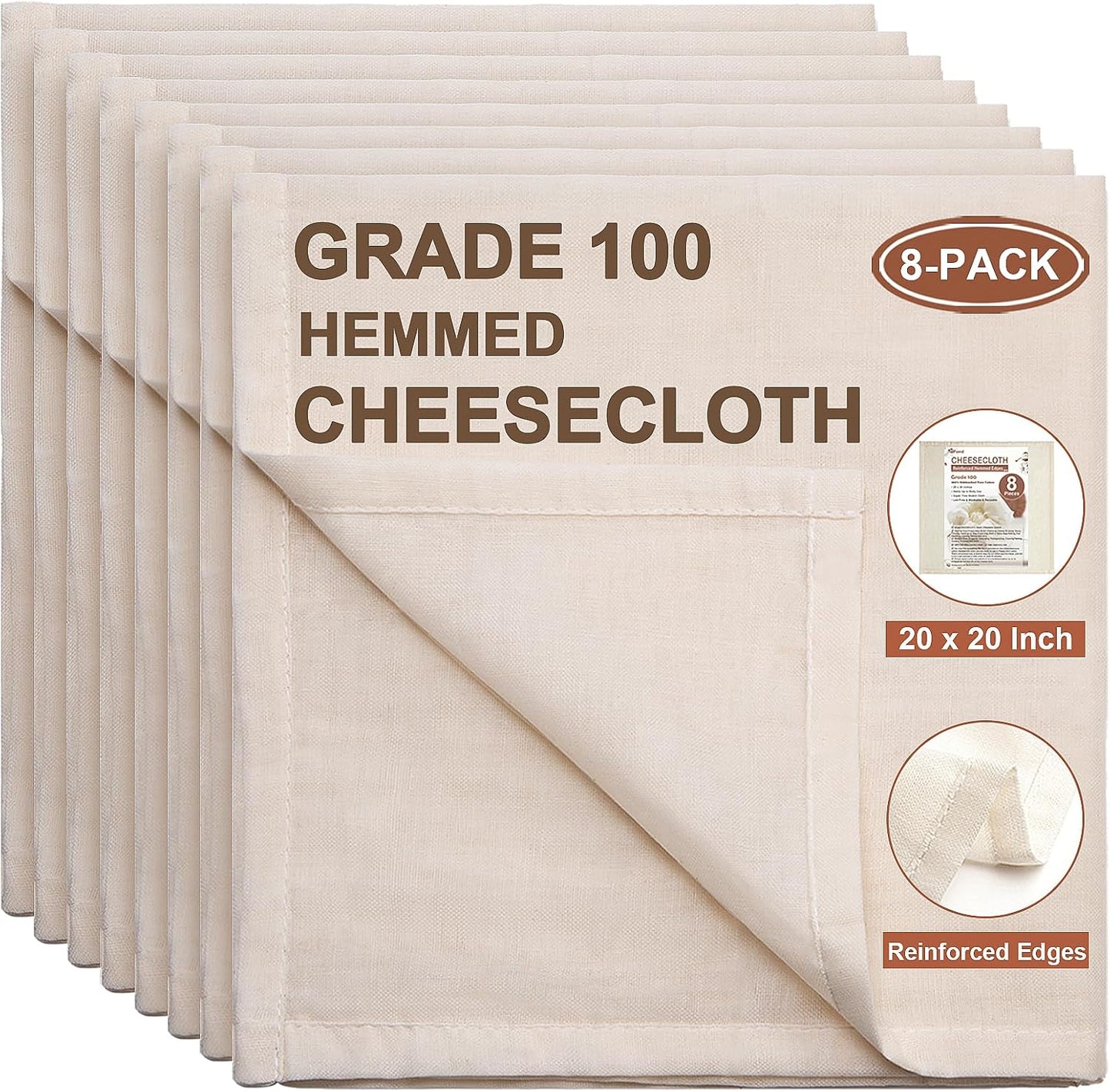 eFond Cheese Cloths | 8-Pack, 20x20Inch Squares with Hemmed Edges | Grade 100 Ultra Fine Reusable Cheesecloth for Straining | Unbleached Cotton Muslin Cloths | For Nut Milk, Butter, Baking & Cooking