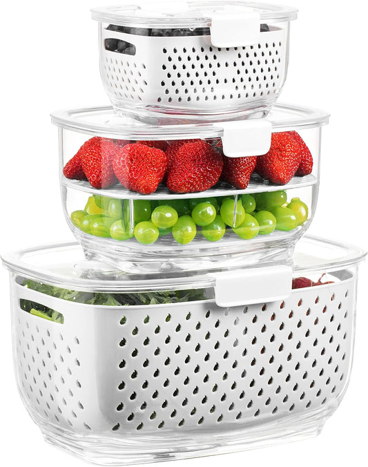 LUXEAR Fresh Produce Vegetable Fruit Storage Containers 3Piece Set, BPA-free, Partitioned Salad Container, Fridge Organizers, Used in Storing Fruits Vegetables, White