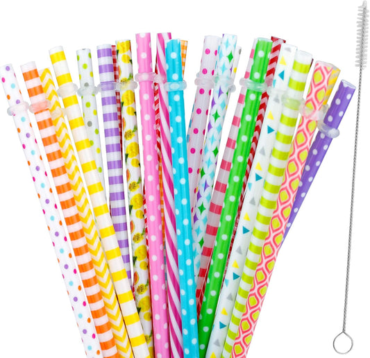 JANYUN 30 Pieces Reusable Plastic Straws BPA-Free 9" Colorful Printing Hard Platic Stripe Drinking Straw for Mason Jar Tumbler Family or Party Use Cleaning Brush Included(Random Pattern) (Straight)