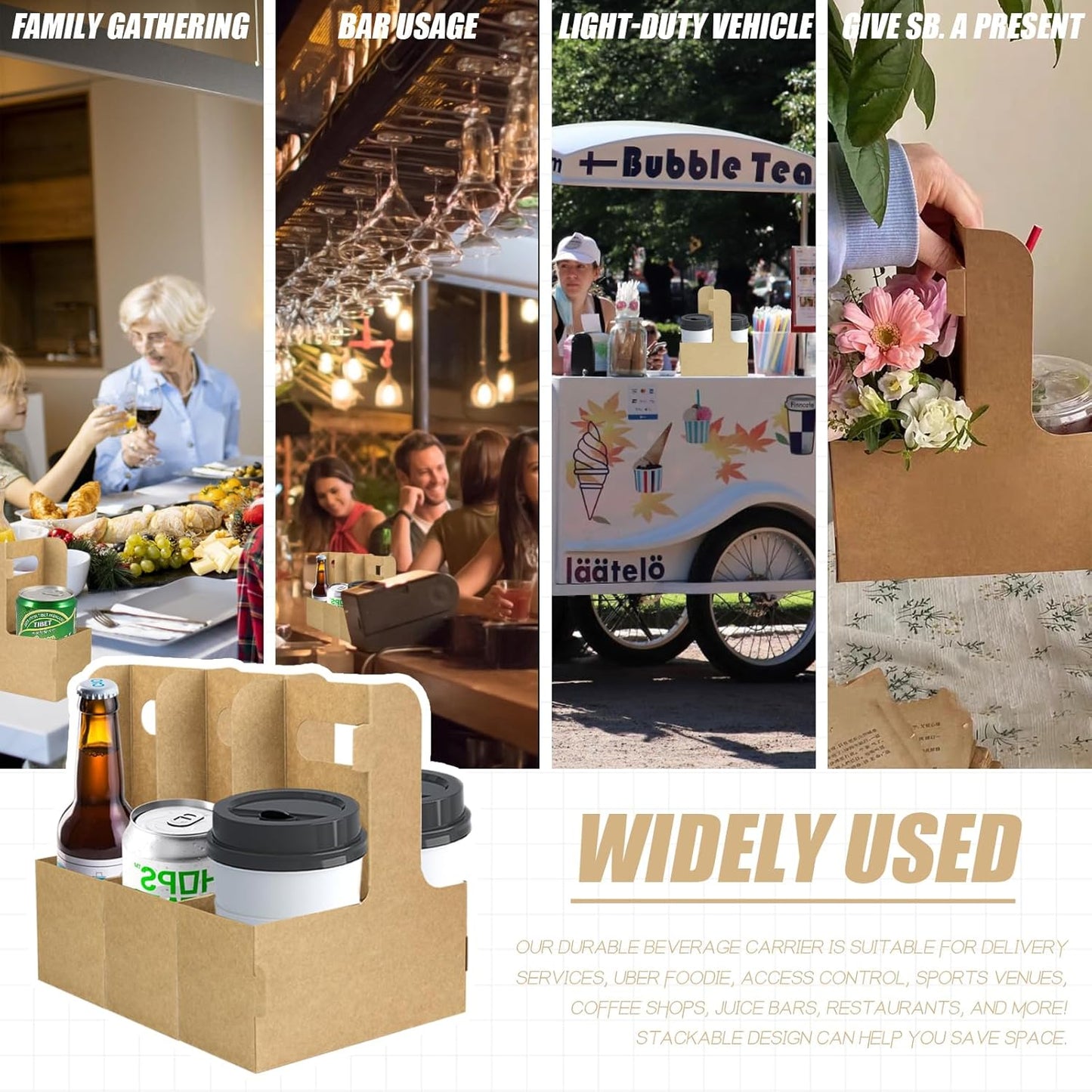 2 Cup Disposable Drink Carrier for Delivery with Handle,15 Count Kraft Paperboard Cup Holder,Cup Carriers for Hot or Cold Drinks,Coffee Carrier, Food Delivery,Take Out Cup Carriers (Brown, 15 PCs)