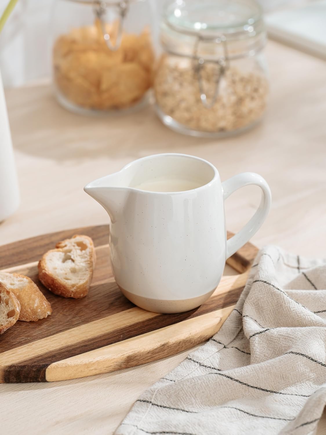 famiware Milkyway 13oz Creamer with Handle, Ceramic Coffee/Milk/Sauce/Serving/Salad Pitcher Jug, Stoneware Maple/Syrup Dispenser, Milk Frother Cup, Microwave and Dishwasher Safe, White