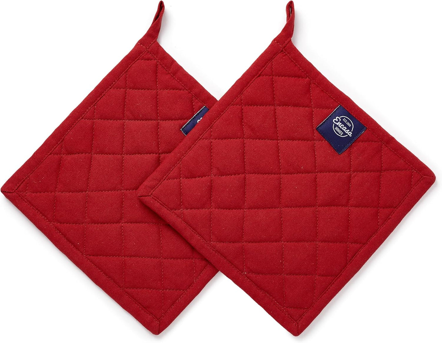 Encasa XO Heat Resistant Cotton Pot Holders with Hanging Loop - Set of 2 - Red - Multipurpose Quilted Everyday Hot Pad for Kitchen, Camping, BBQ & Microwave - 8x8 in