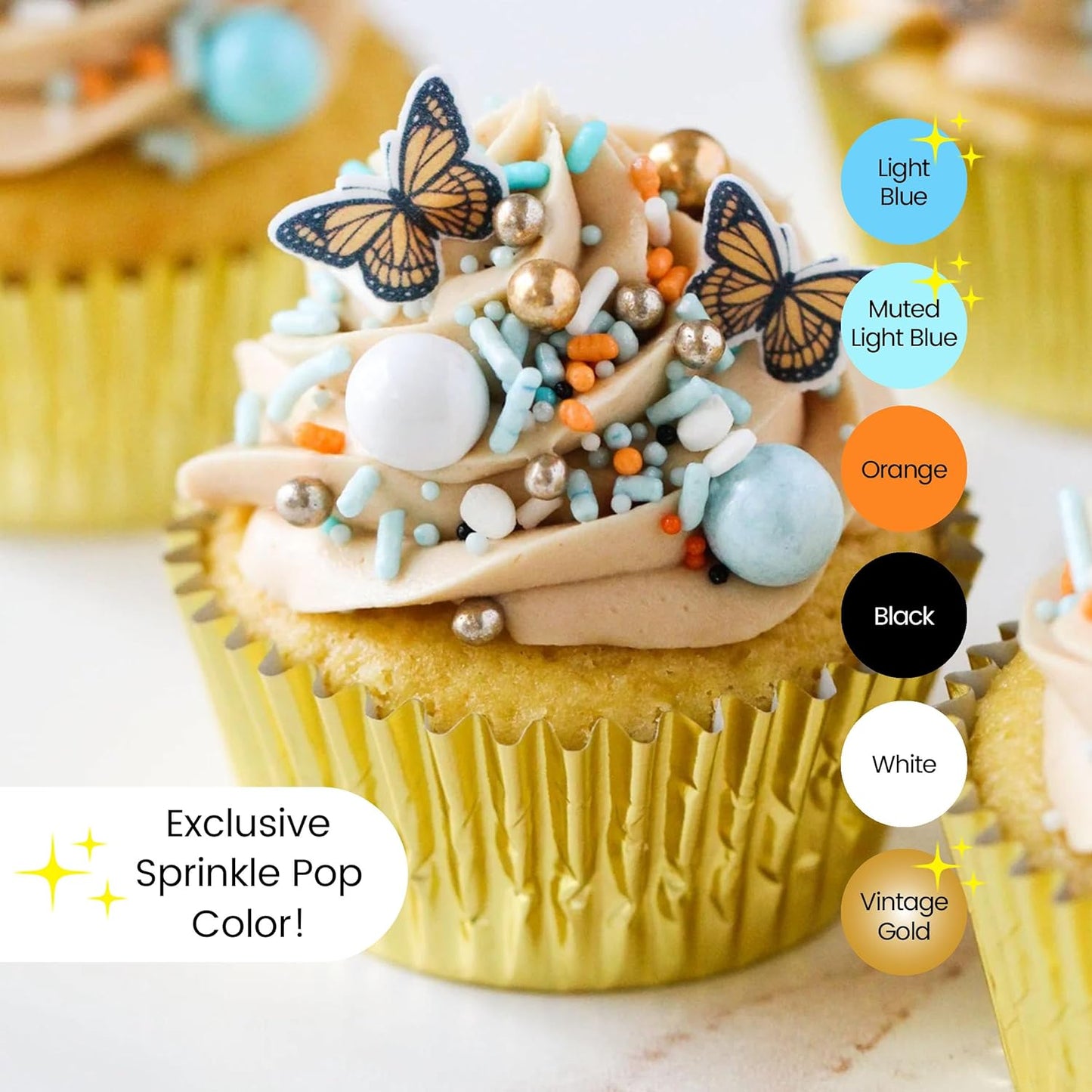 Sprinkle Pop Monarch Butterfly Sprinkle Mix| Blue Orange Sprinkles with ~20 Butterfly Wafer Paper and Gold Dragees| Decorating Sprinkles Made In USA for Mother’s Day Cupcakes Cakes Cookies Donuts, 4oz