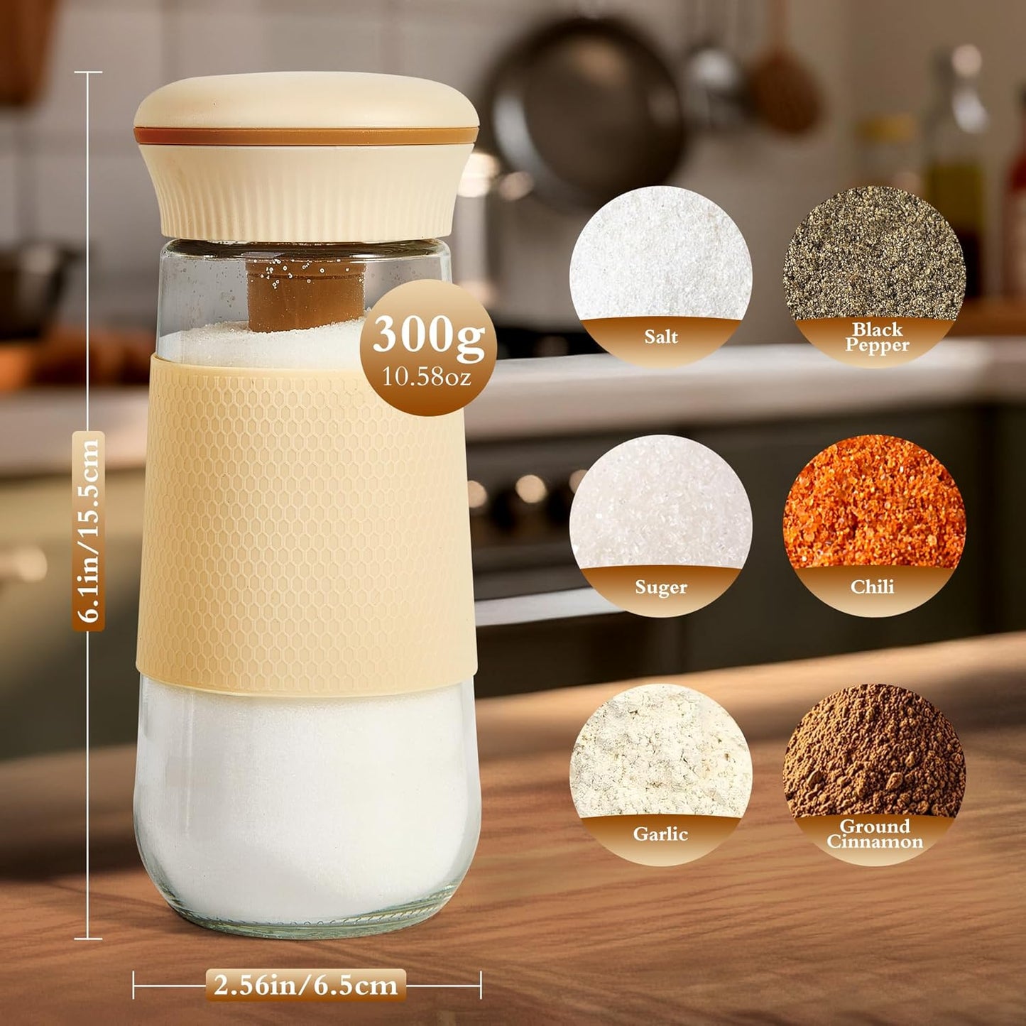 2-in-1 Salt Shaker, Glass Salt and Pepper Shakers Set for Kitchen, Salt and Pepper Containers with 1g Measuring Spoon, Farmhouse Cute Salt Pepper Shakers for Home Easy Filling, 1PCS