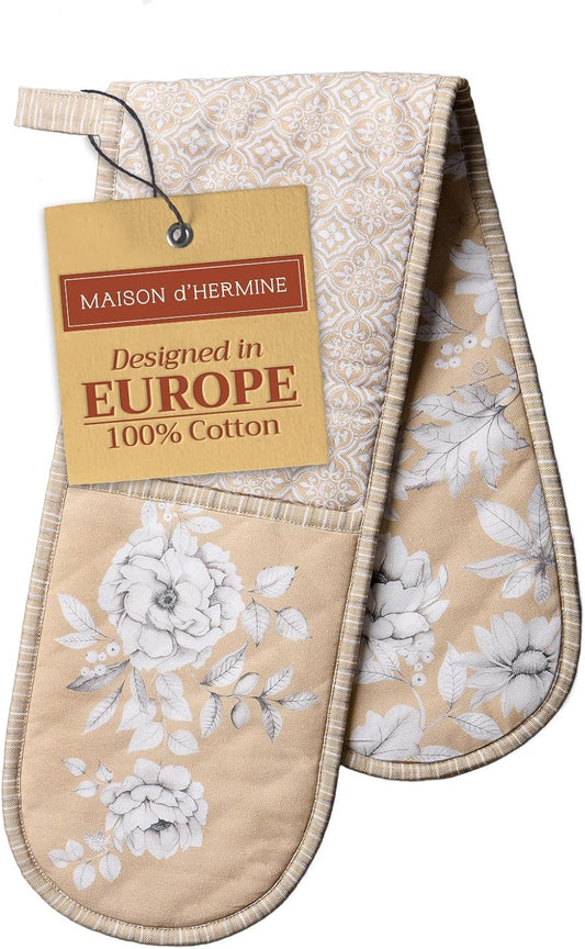 Maison d' Hermine Double Oven Mitts 100% Cotton 7"x35" Double Oven Mitt Heat Resistant BBQ Cooking Gloves with Loop, Baking, Grilling, Home, Kitchen, Handling Hot Pans (Pretty Autumn)