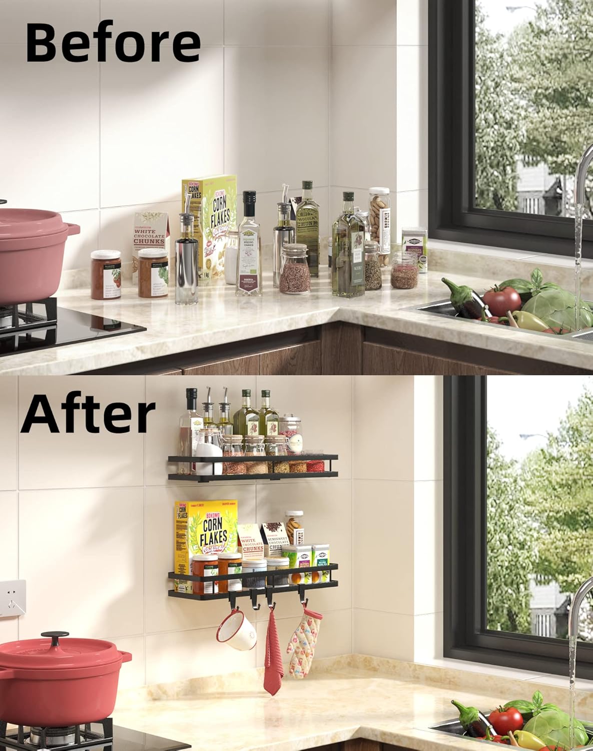 𝐒𝐩𝐢𝐜𝐞 𝐑𝐚𝐜𝐤 Organizer 𝐖𝐚𝐥𝐥 𝐌𝐨𝐮𝐧𝐭- 15.7in 2Pack [Upgraded Version] Hanging Seasoning Organizer Shelf with Paper Towel Holder, Storage for Cabinet or Wall Mounted with 4 Strong Hooks