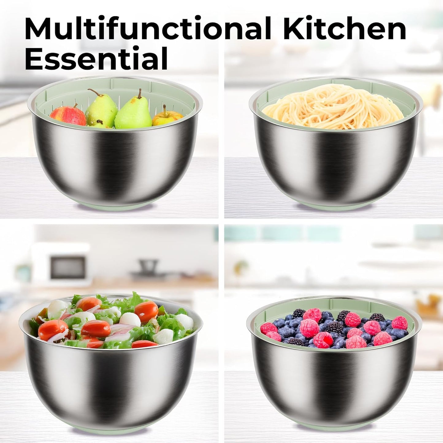 Stainless Steel Salad Spinner Large - Fruit and Vegetable Wash Bowl with Strainer - Lettuce Spinner, Fruit Cleaner, Collapsible Salad Dryer 5.3 Quart Capacity