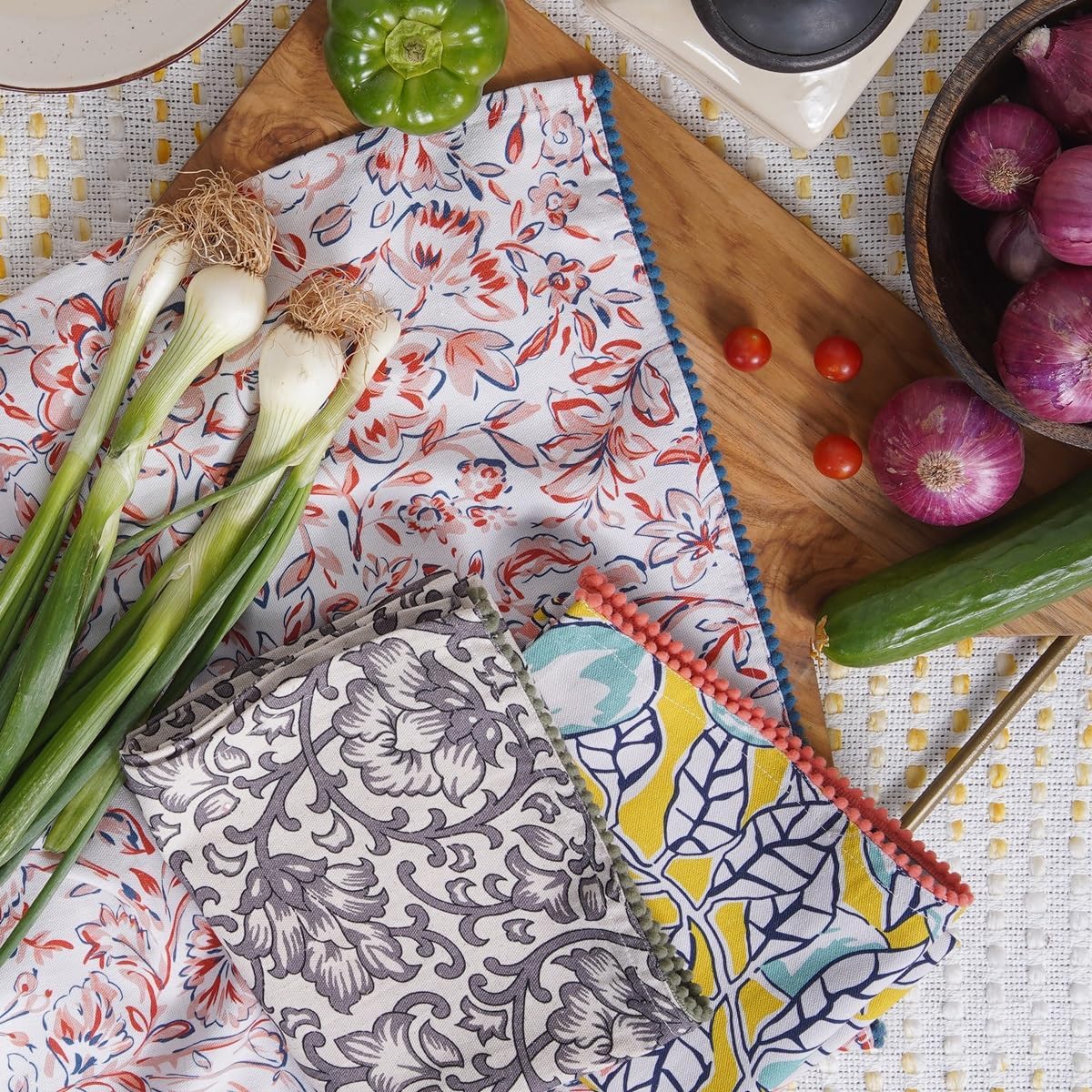 Printed Kitchen Dish Bar and Tea Towels Cotton, 18x28 inch with Trims, Cotton Dish Towel Sets (Multicolor, Set of 3)