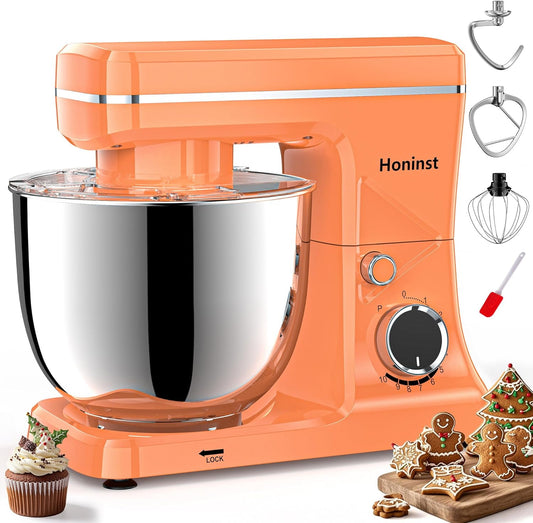 10-Speed Stand Mixer with 8-in-1 Splash Guard, Tilt-Head, 6QT Stainless Steel Bowl+Dishwasher-Safe Dough Hook/Whisk/Beater/Spatula for Baking Bread, Cakes, Cookies, Orange