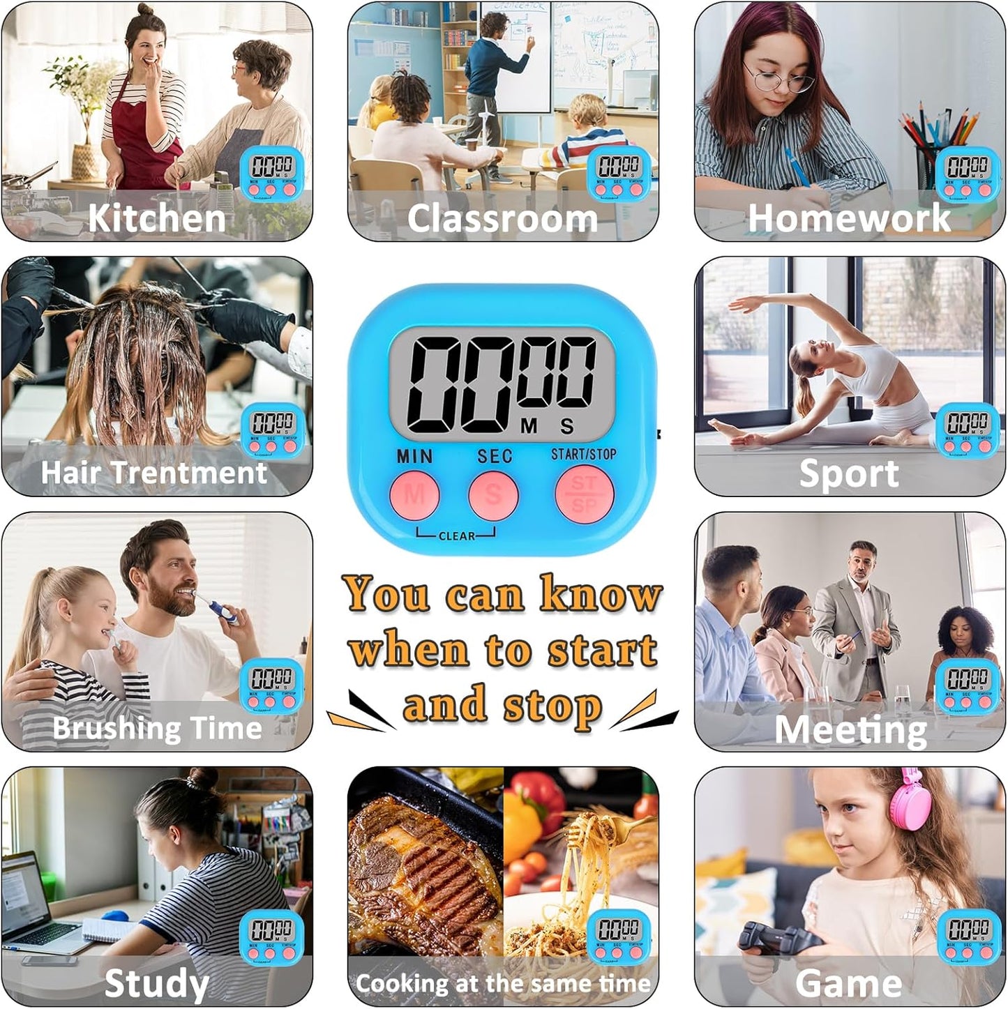 ZILLEEN 12 Pack Kitchen Timers for Cooking Digital Classroom Timers for Teachers Kids White Blue Green