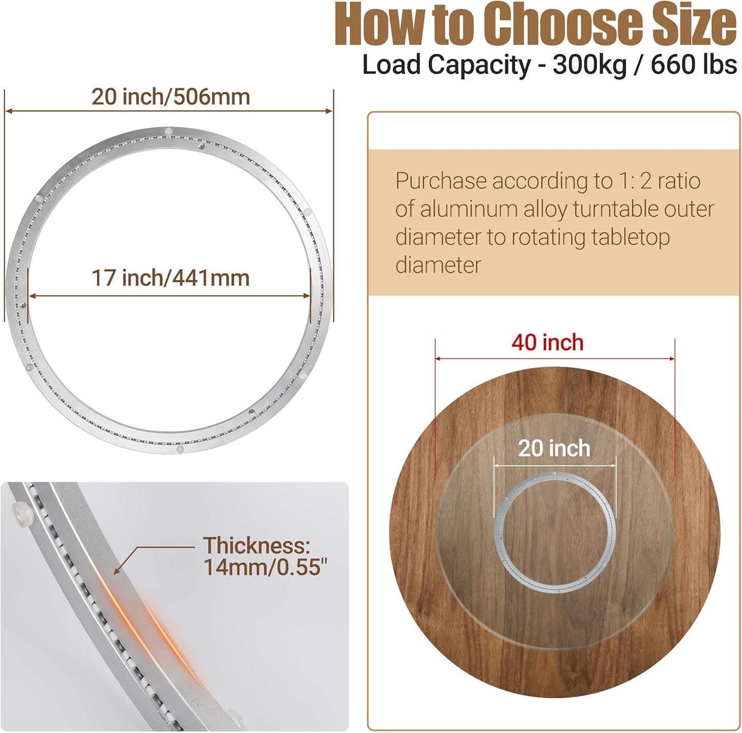 20 Inch Lazy Susan Heavy-Duty Aluminium Alloy Rotating Bearing Lazy Susan Hardware- Mute Bearing Turntable Ring Hardware for Dining and DIY Furniture (Capacity up to 660lb)