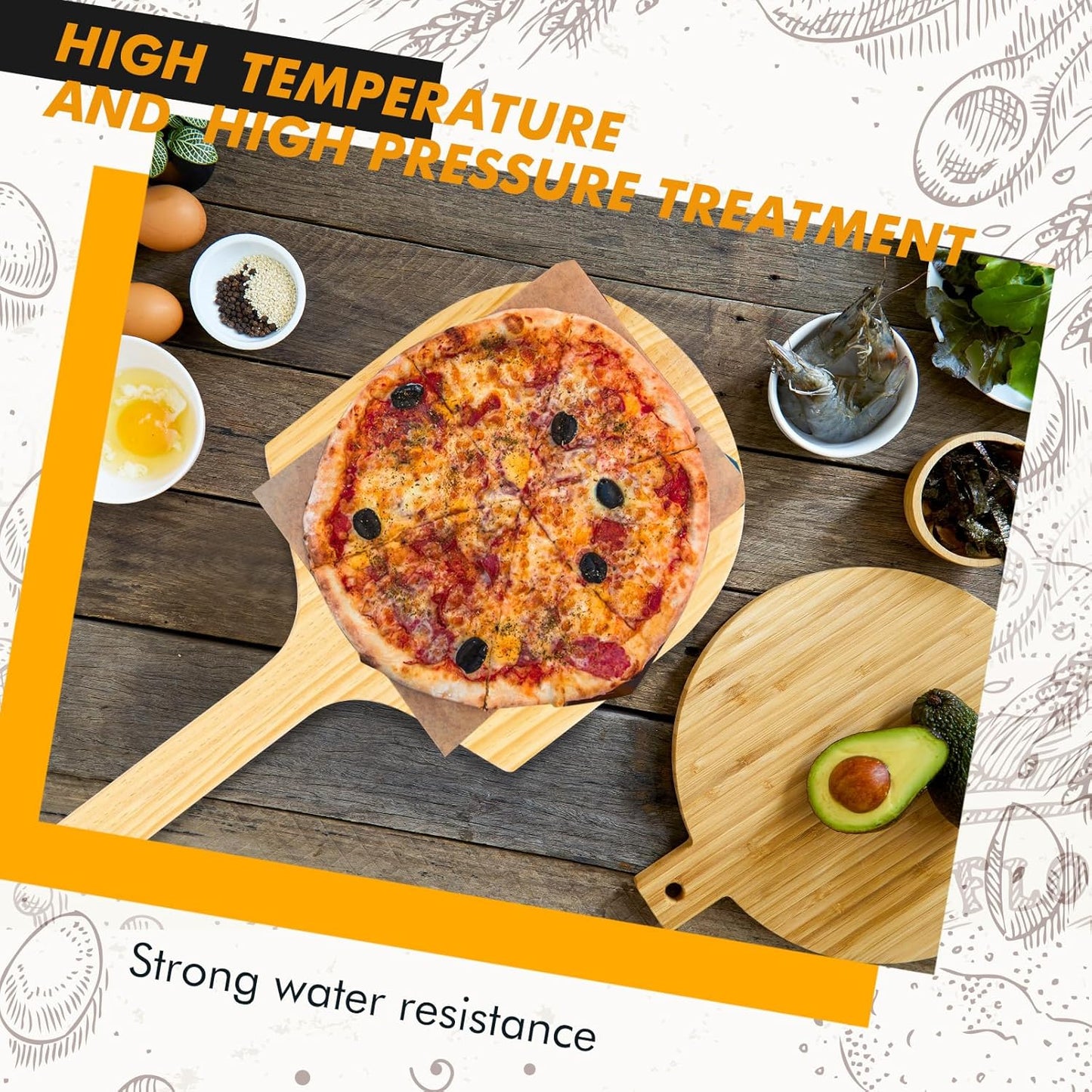 2 Pack Wooden Pizza Peel, 14" L x 12" W Plate, with 22" L Wooden Handle, 36" Overall Length for Oven, Stone, Pan or Grill, Spatula for Baking Bread and Cake - Indoor & Outdoor