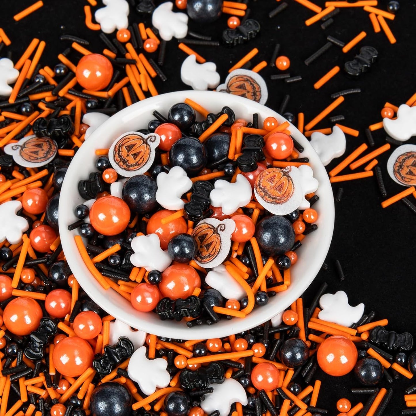 Edible Halloween Pumpkin Sprinkles,Orange Pearls Mix White Ghost,130g/4.58oz,Black Bat Monster,Pearls and Jimmies Mixed,Perfect for Cake Decorations, Baking, Ice Cream, Cookies, Cupcake Topper,Halloween Supplies Children's Party
