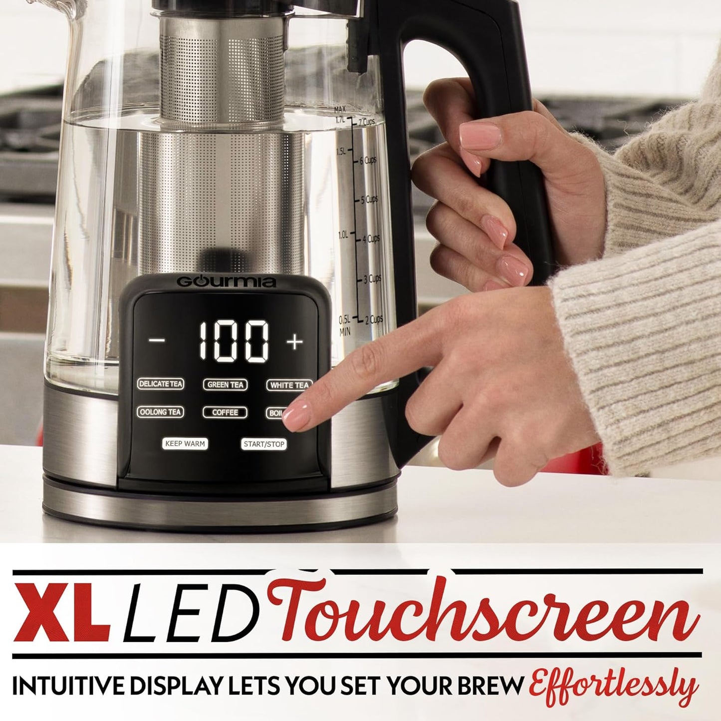 Gourmia Electric Programmable Glass Kettle – 1.7L Temperature Control Tea & Coffee Kettle with Digital Touch Display, 6 Presets, Keep Warm, Removable Stainless Steel Infuser, 360° Swivel Base – Green