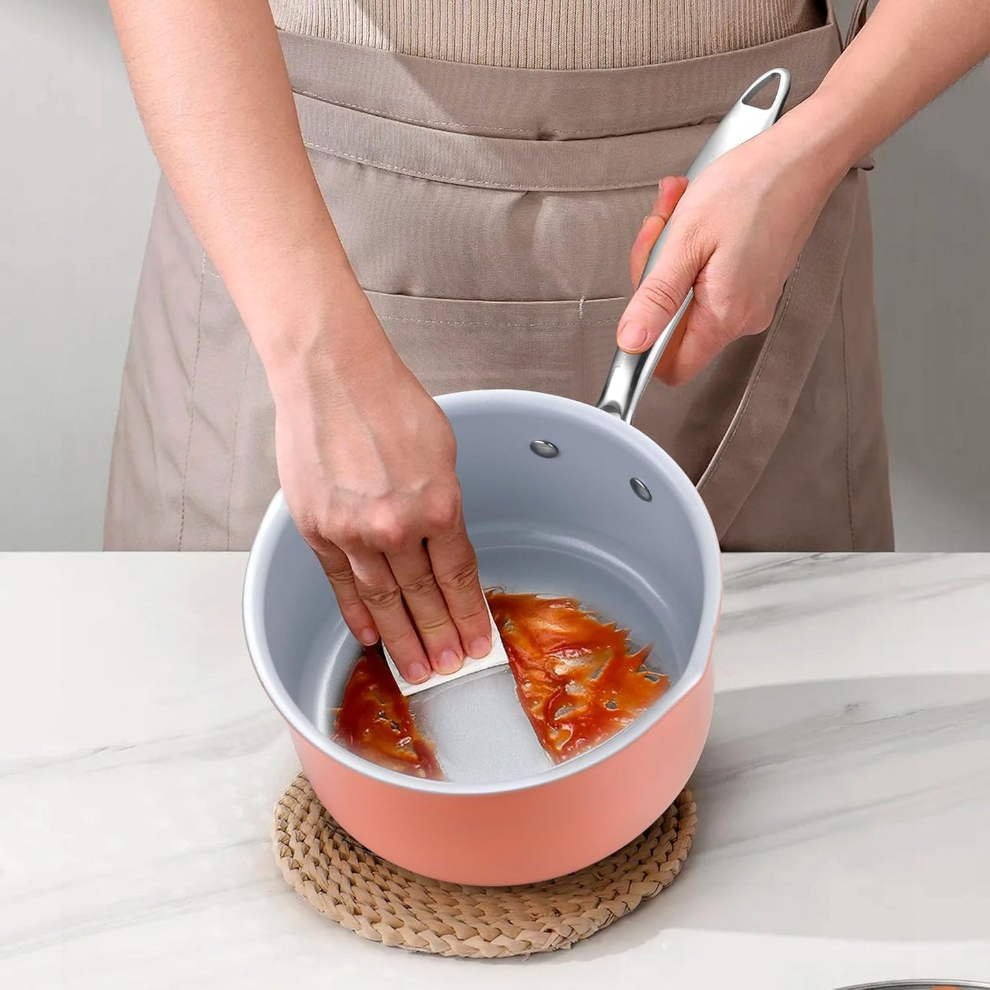 Nonstick Ceramic Saucepan 2.5 Qt,Sauce Pot with Strainer Lid,Two Side Spouts for Easy Pour with Ergonomic Handle,Non Toxic,PTFE &PFOA Free - Oven Safe Compatible with All Stovetops,Perracotta