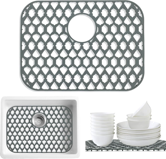 Sink Protectors for Bottom of Kitchen Sink 13x11 &16x12 &21x16 &22x13 &24x13 &26x14 &28x14 &30x16, Large Farmhouse Silicone Mats Grid (19”x14”, Rear Drain)