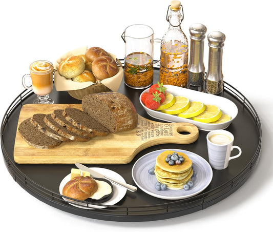 16" Oak Wooden Lazy Susan Turntable for Dining Table, Large Round Lazy Susans Organizer for Kitchen Countertop, Tabletop 360°Rotating Tray for Spice Organization and Storage Black Home Decor