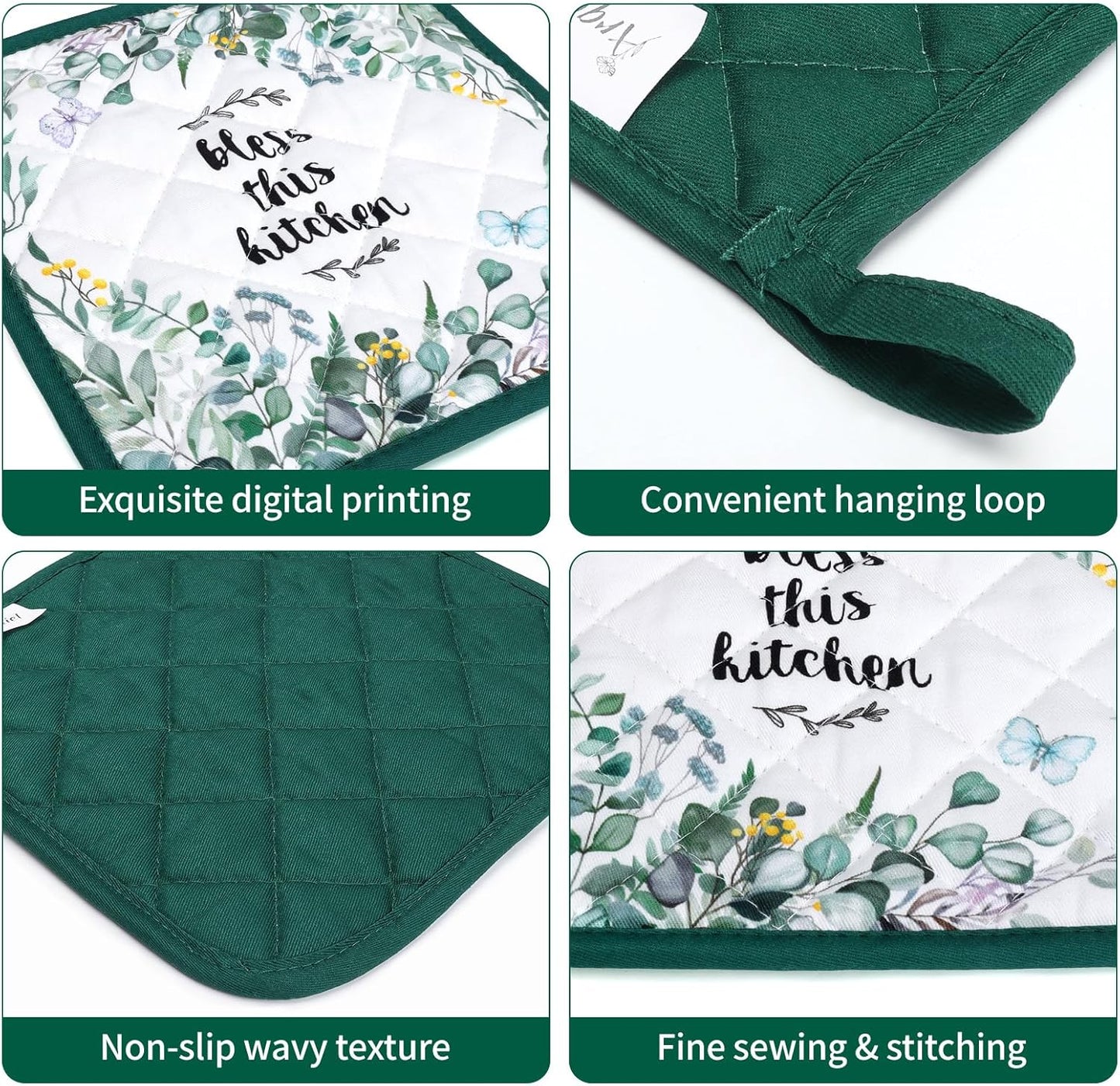 Eucalyptus Leaf Oven Mitts and Pot Holders Sets 2Pcs, 100% Cotton Heat Resistant, Extra Long Oven Gloves Potholder for Kitchen Cooking Baking Decoration