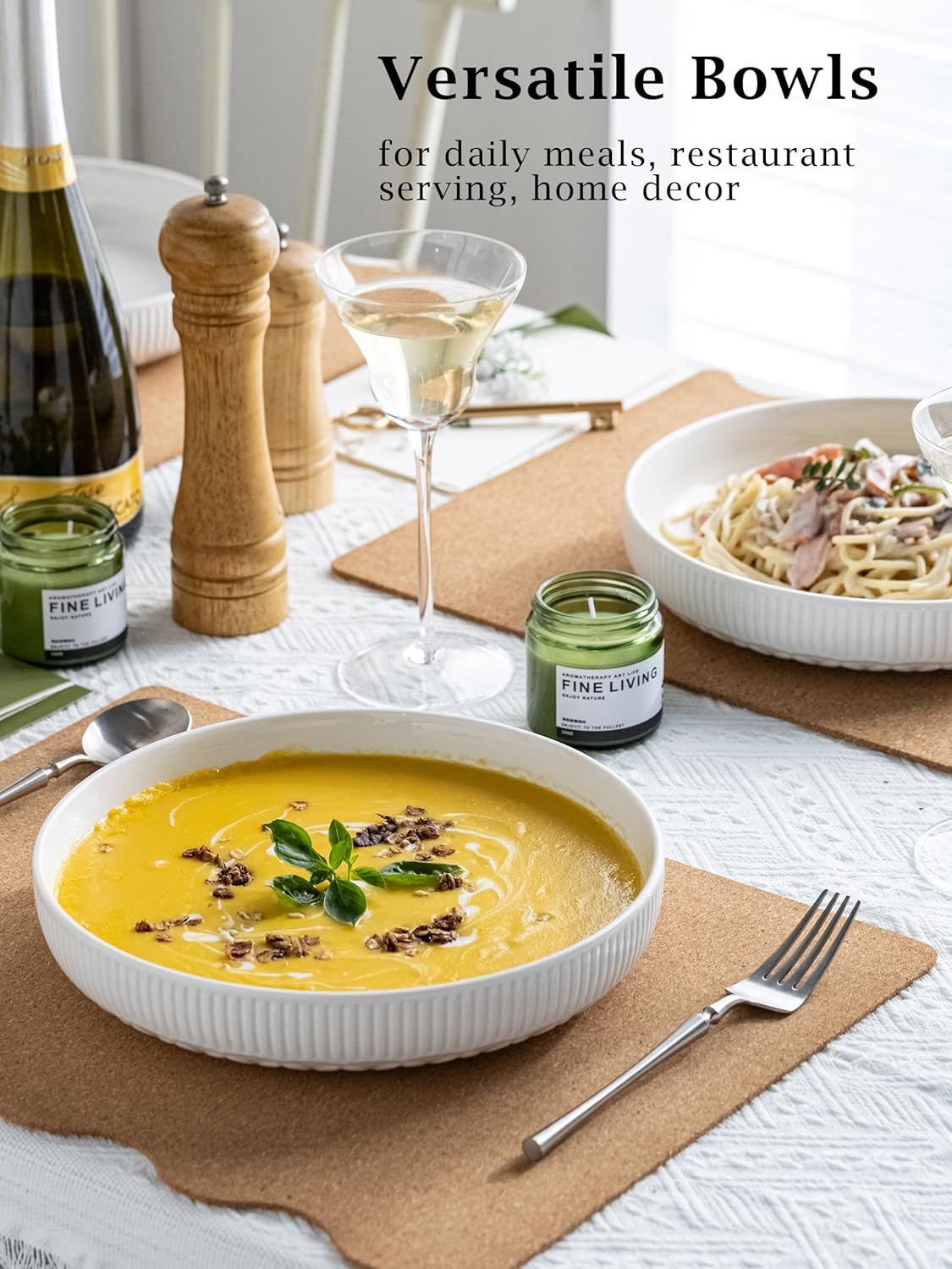 YHOSSEUN 9.75" Pasta Bowls Set of 4, 50 OZ Large Salad Serving Bowls Pasta Plates, White Soup Bowl for Kitchen Meal Prep, Ceramic Shallow Dishes Dinner Bowl, Clover Stripe