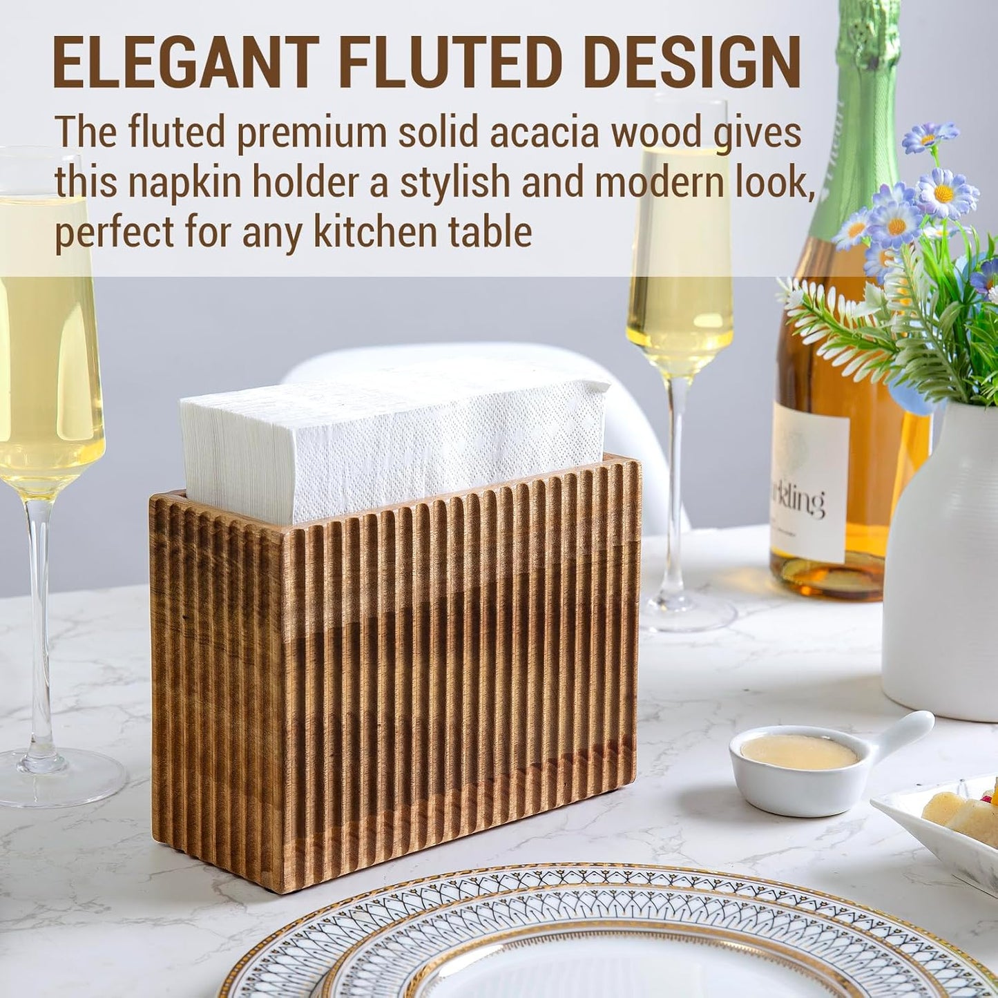 MyGift Fluted Premium Solid Acacia Wood Napkin Holder Rack Stand - Elegant Kitchen Table Organizer for Paper Napkins - Durable, Stylish, and Modern Design