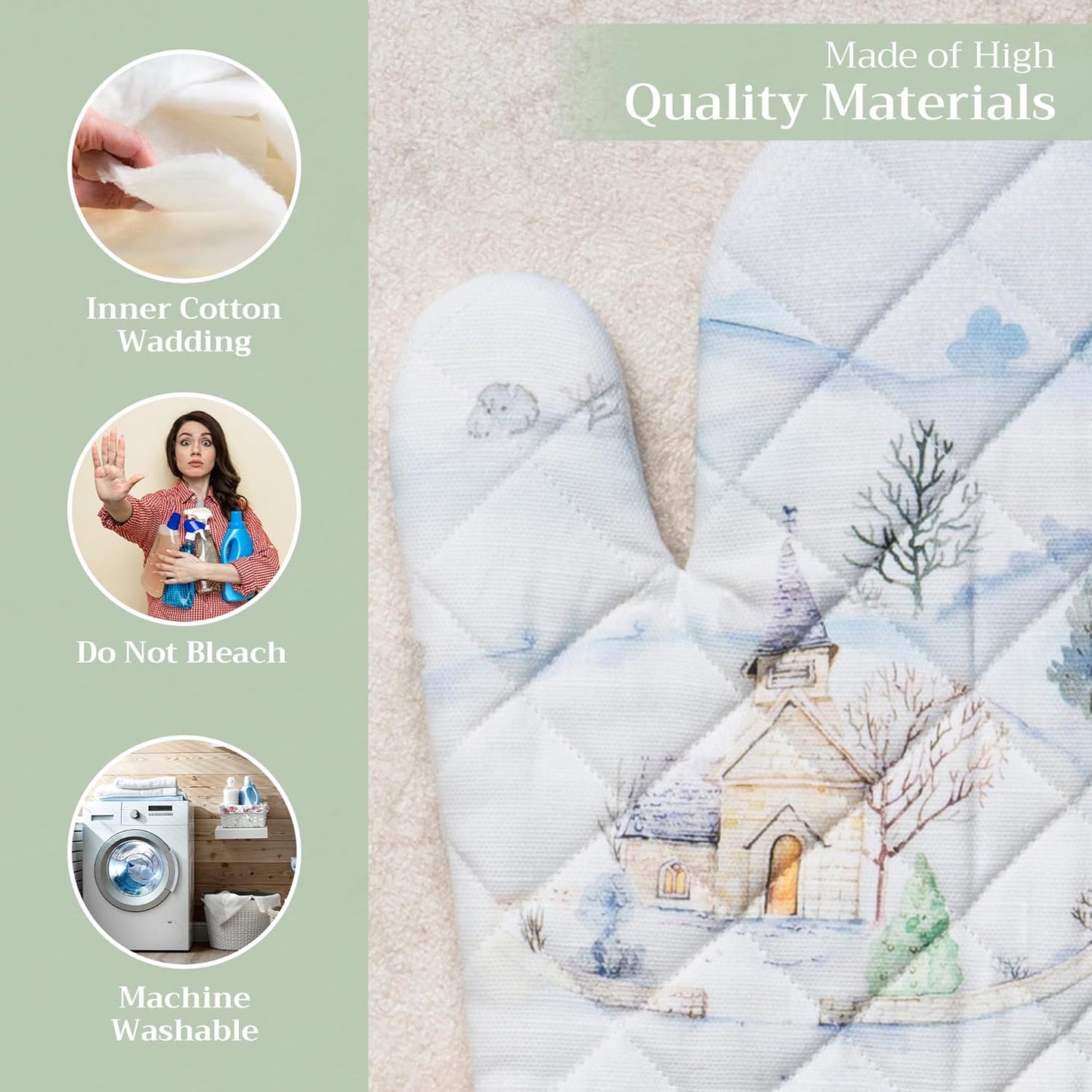 Maison d' Hermine Oven Gloves 100% Cotton Oven Mitt 7" x 13" with Loop Heat Resistant, BBQ, Cooking Gloves, Baking, Grilling, Kitchen, Handling Hot Pans (Pack of 1, Snowy World)