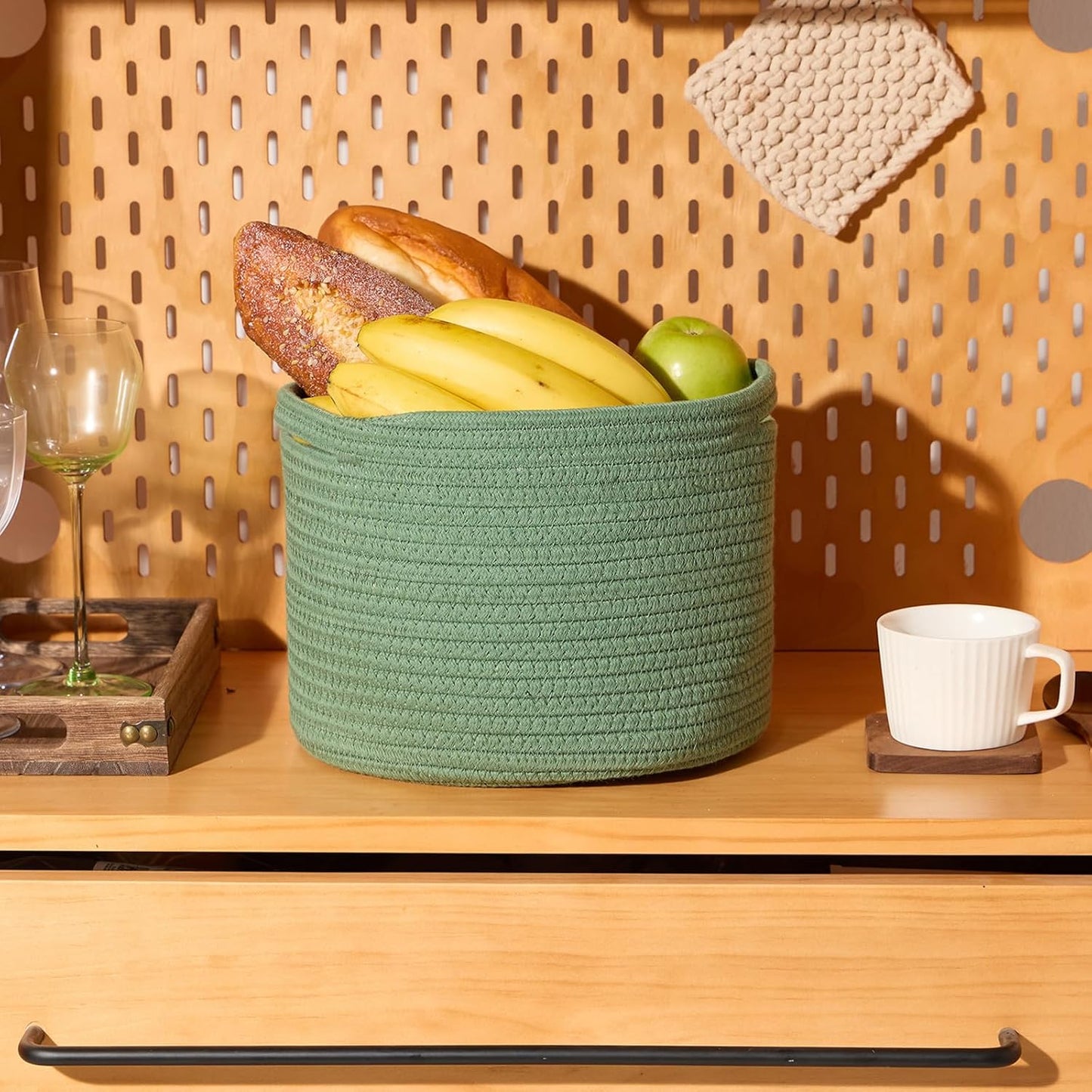 Small Basket for Organizing | Cube Shelf Closet Storage Baskets | 9.7×9.7×7.1” | Woven Rope Gift Basket | Nursery | Round 3 Packs Green