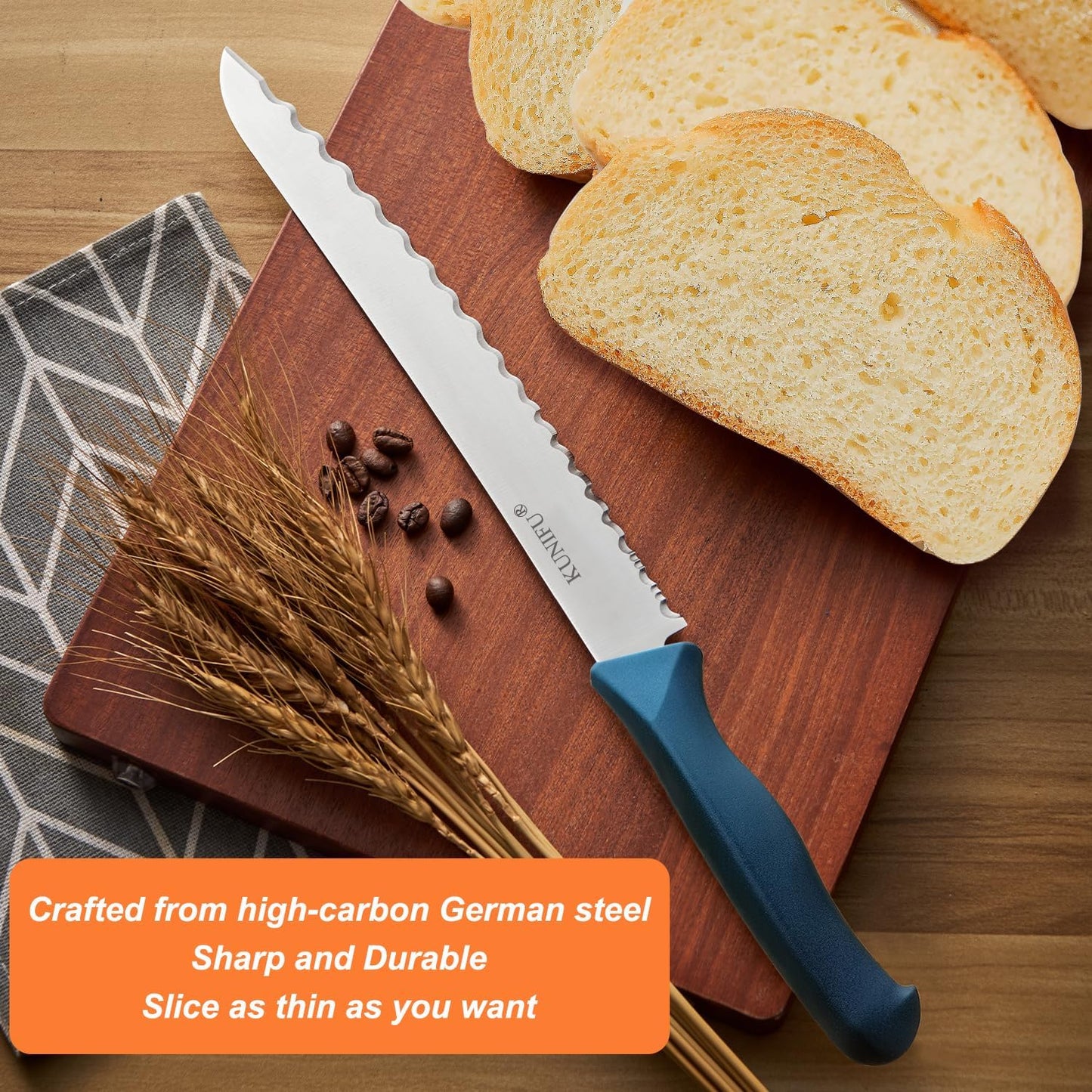 KUNIFU Bread Knife, 9.0 Inch Serrated Knife For Homemade Bread, Bread Slicer For Sourdough Cake Bagels