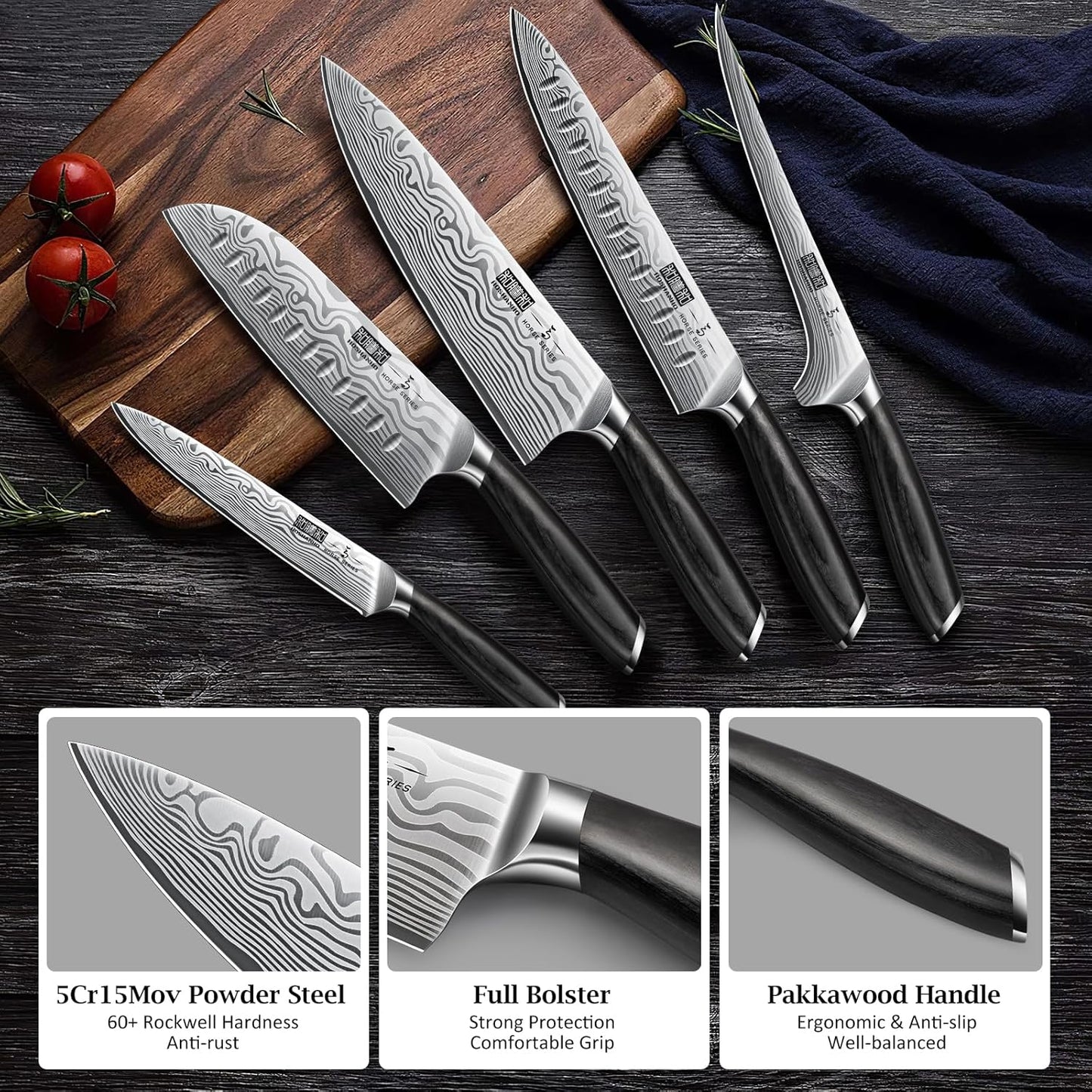HOSHANHO 16-Piece Knife Set with Block, Ultra Sharp High Carbon Powder Steel Knife Block Set, Chef Knife Set Professional Kitchen Knives Set with Sharpener and Pakkawood Handle
